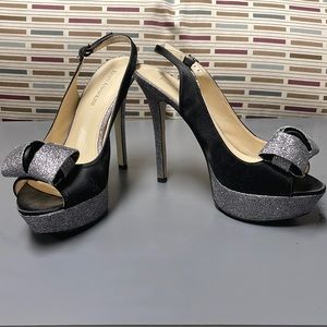 Used Enzo Angiolini black and silver heels
